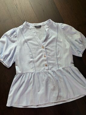 Light Blue & White Stripes Babydoll Blouse with Puff Sleeves and Button Front